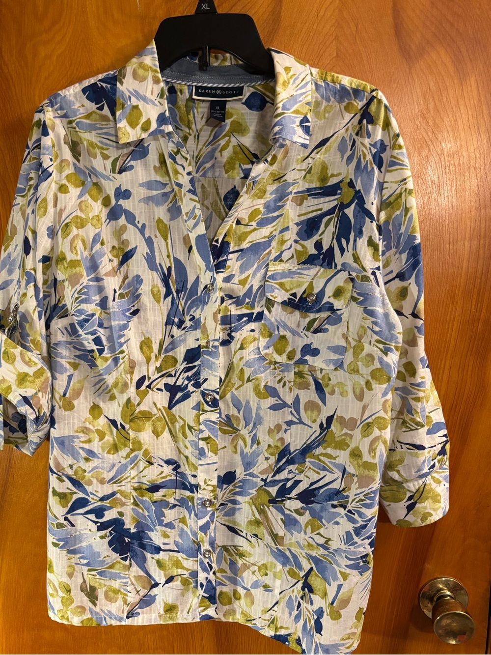 Karen Scott Blue & Olive Leaf-Print Lightweight Shirt Jacket